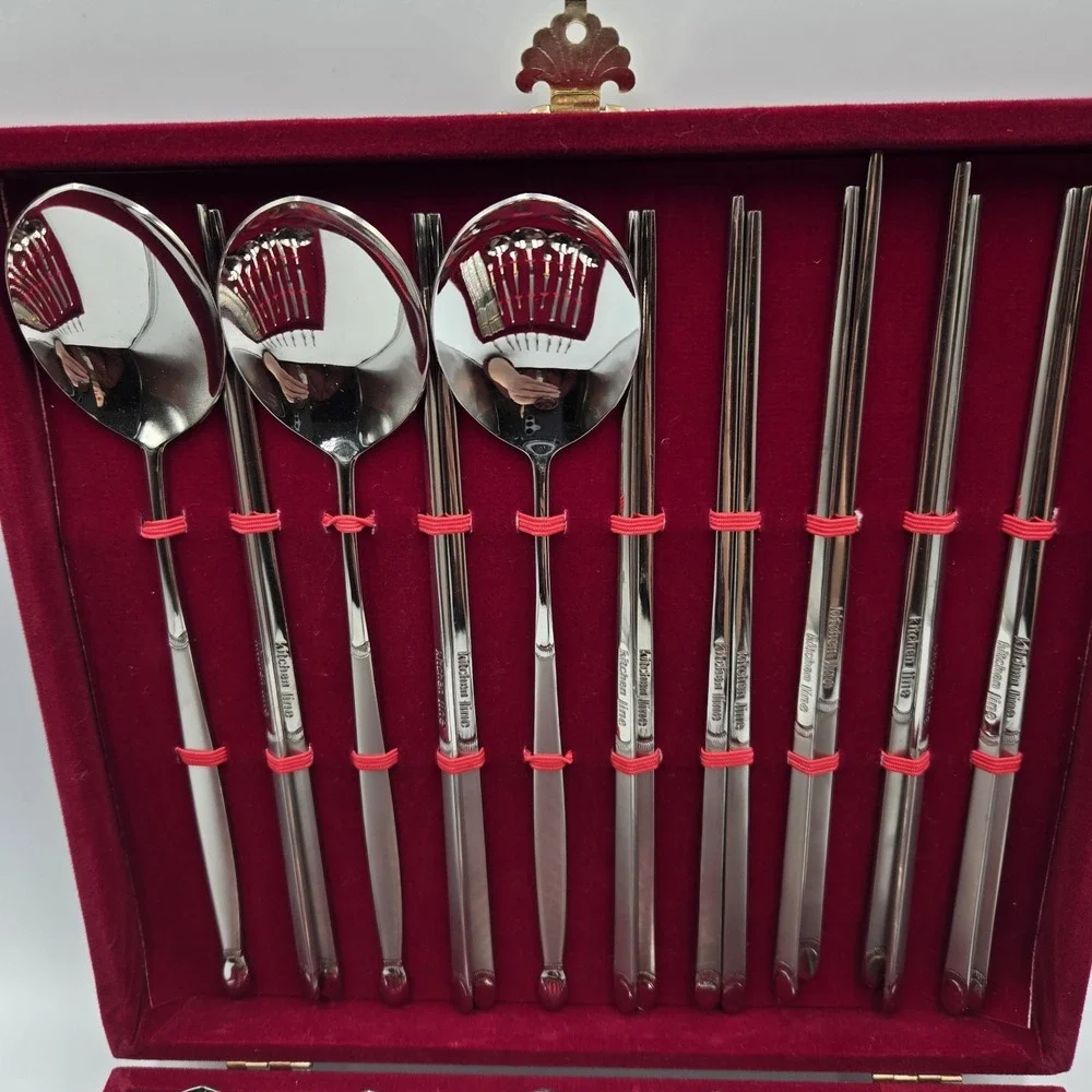 Kitchen Line Black Pearl 18/10‎ Stainless Spoons, Chop Sticks 31 Pc Set W/ Case